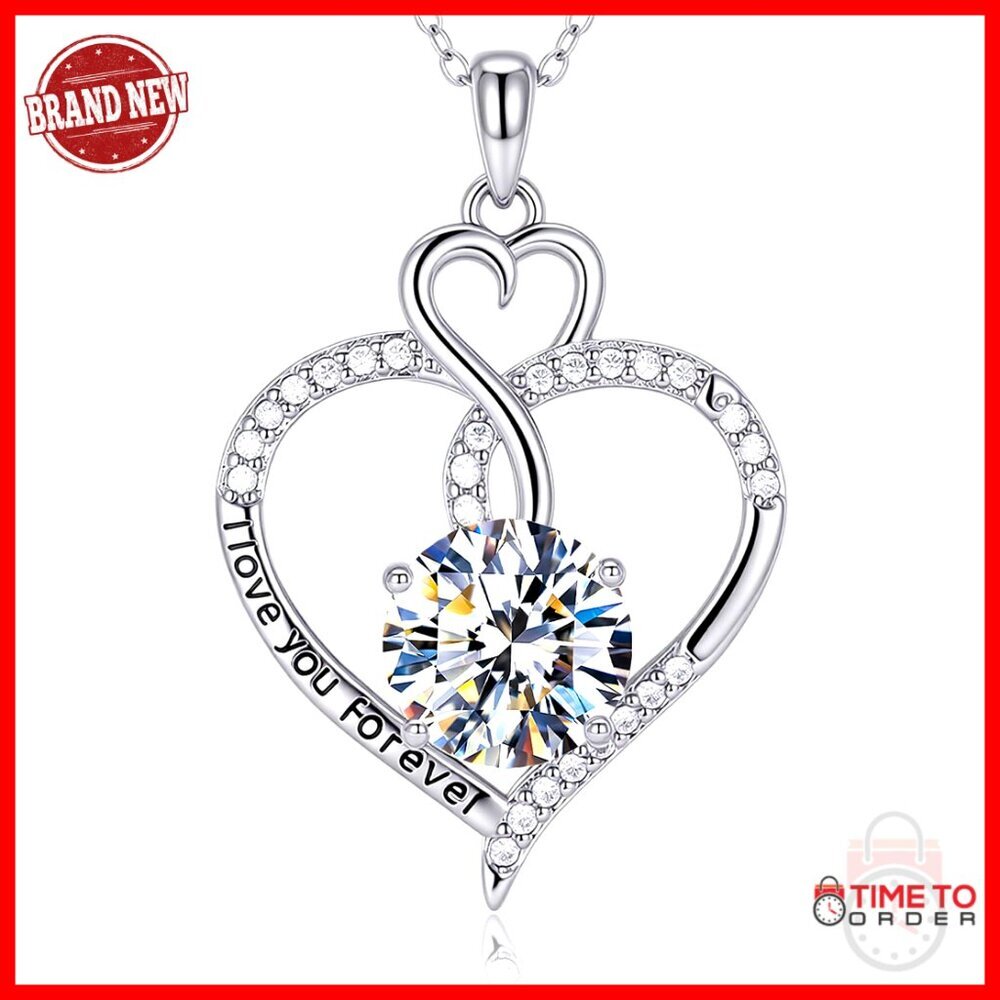 Moissanite Double Heart Infinity Swan Pendant Necklace Sterling Silver